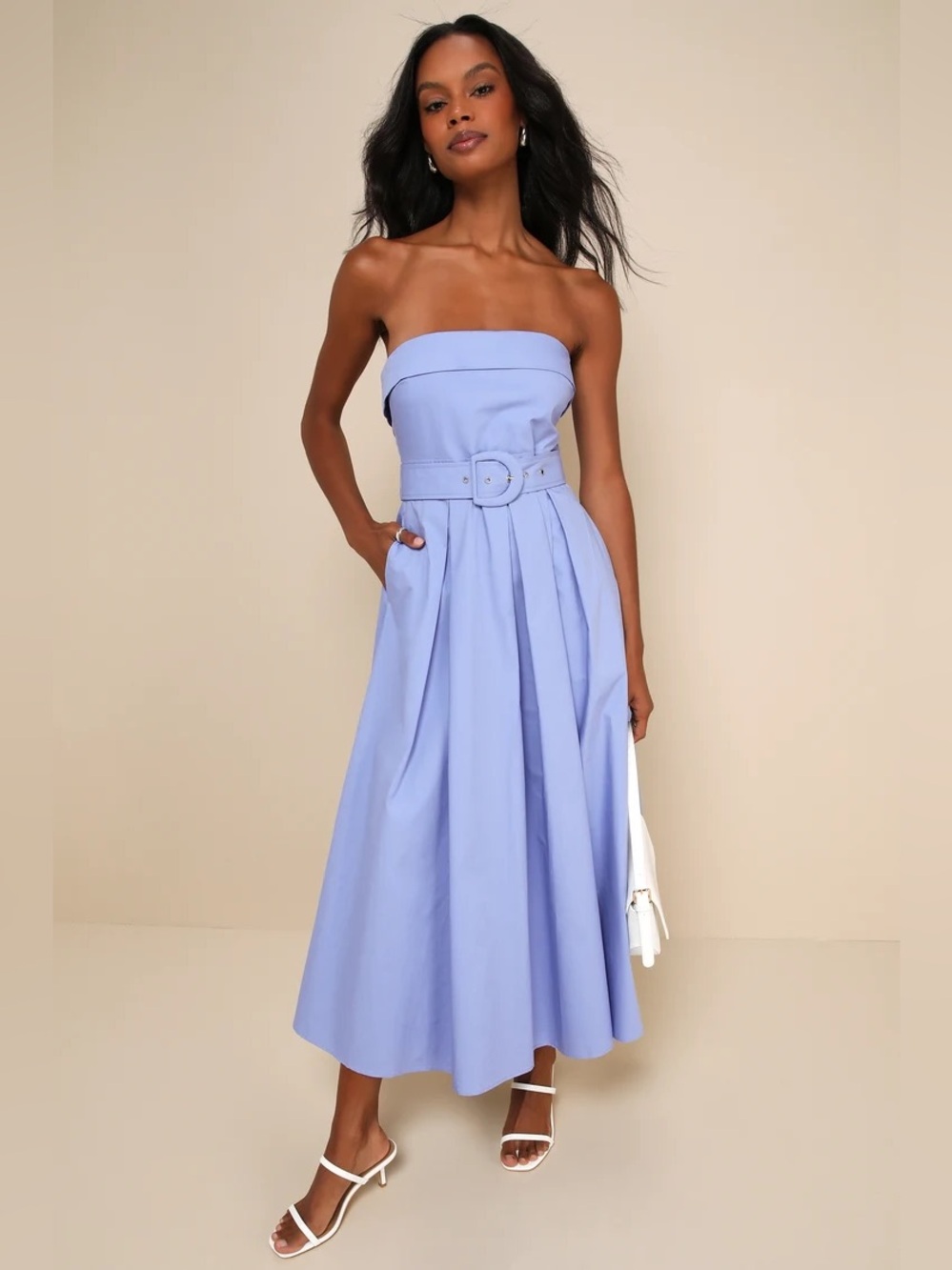 Lulus Trendsetting Choice Periwinkle Strapless Midi Dress With Pockets